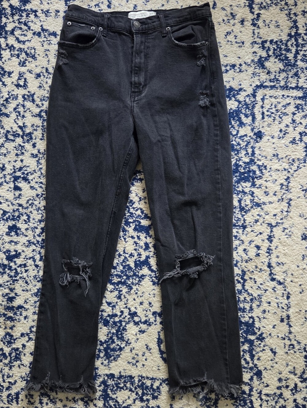 Abercrombie & Fitch Black Distressed Straight Leg Jeans with Frayed Hem